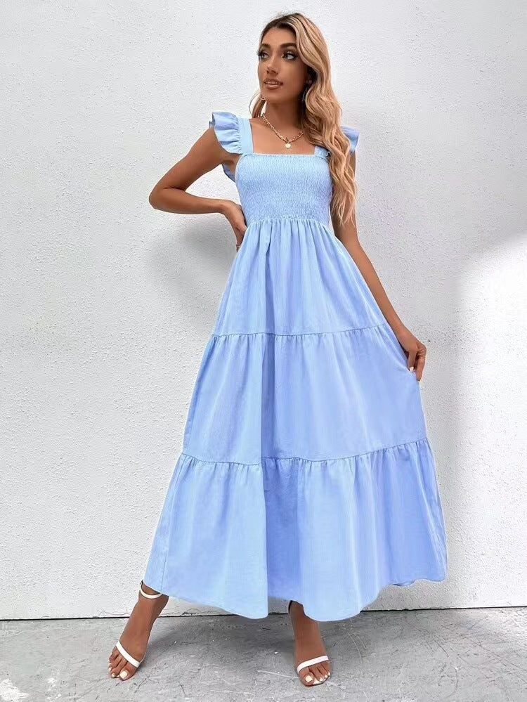 Light Blue Ruffled Straps Smocked Dress